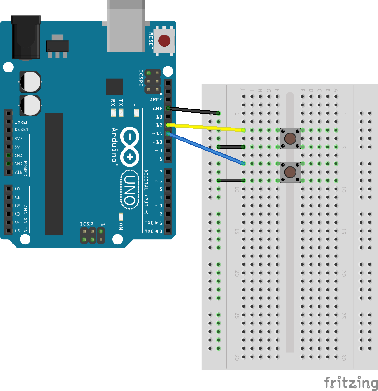 Multiple push buttons connected to an Arduino Uno