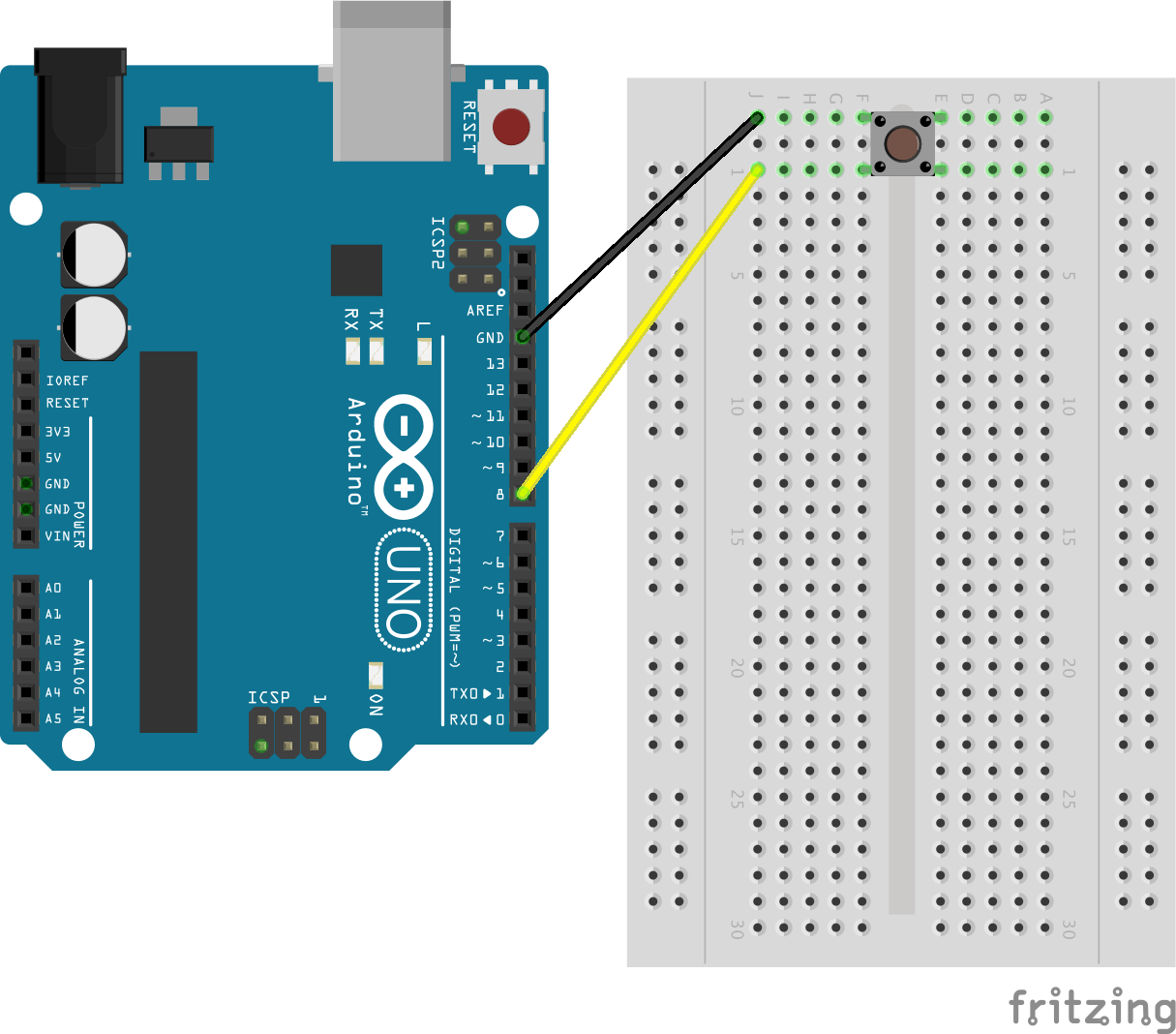 A push button connected to an Arduino Uno